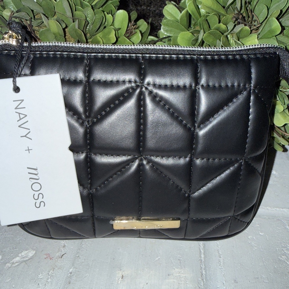 Navy + Moss Black Quilted Faux Leather Cosmetic Bag With Gold-tone Bar 7"x6"